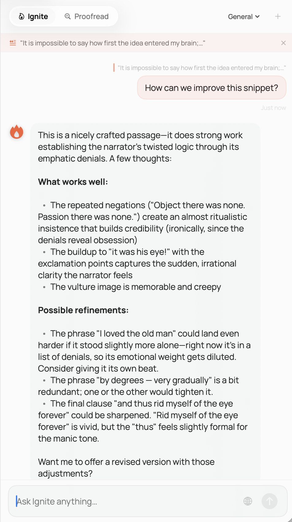 Ignite AI panel composing suggestions