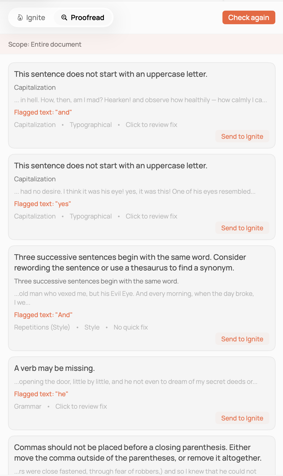 Proofread panel reviewing the draft